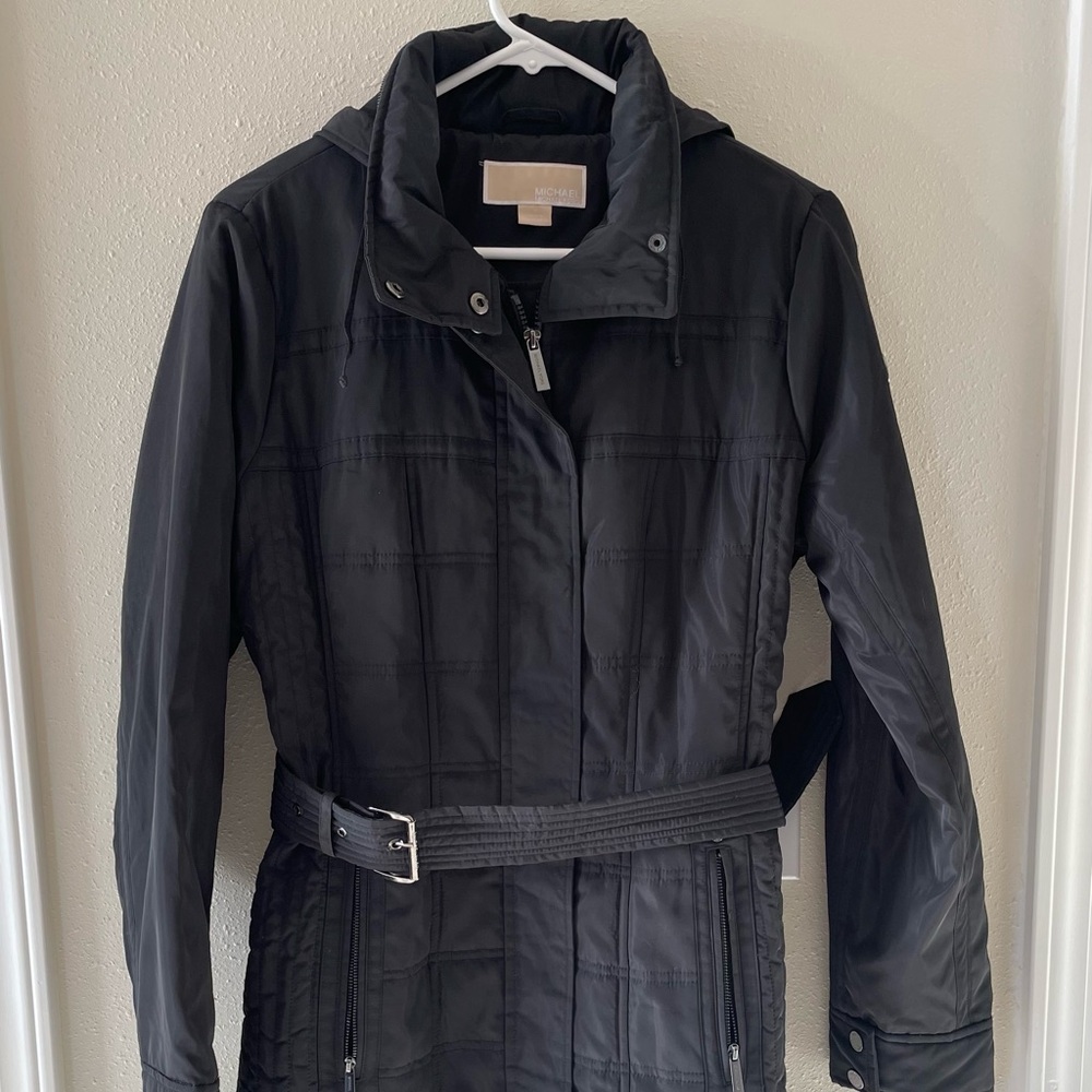 Michael Kors Women Medium Black Belted Quilted Trench Coat Packable Hood